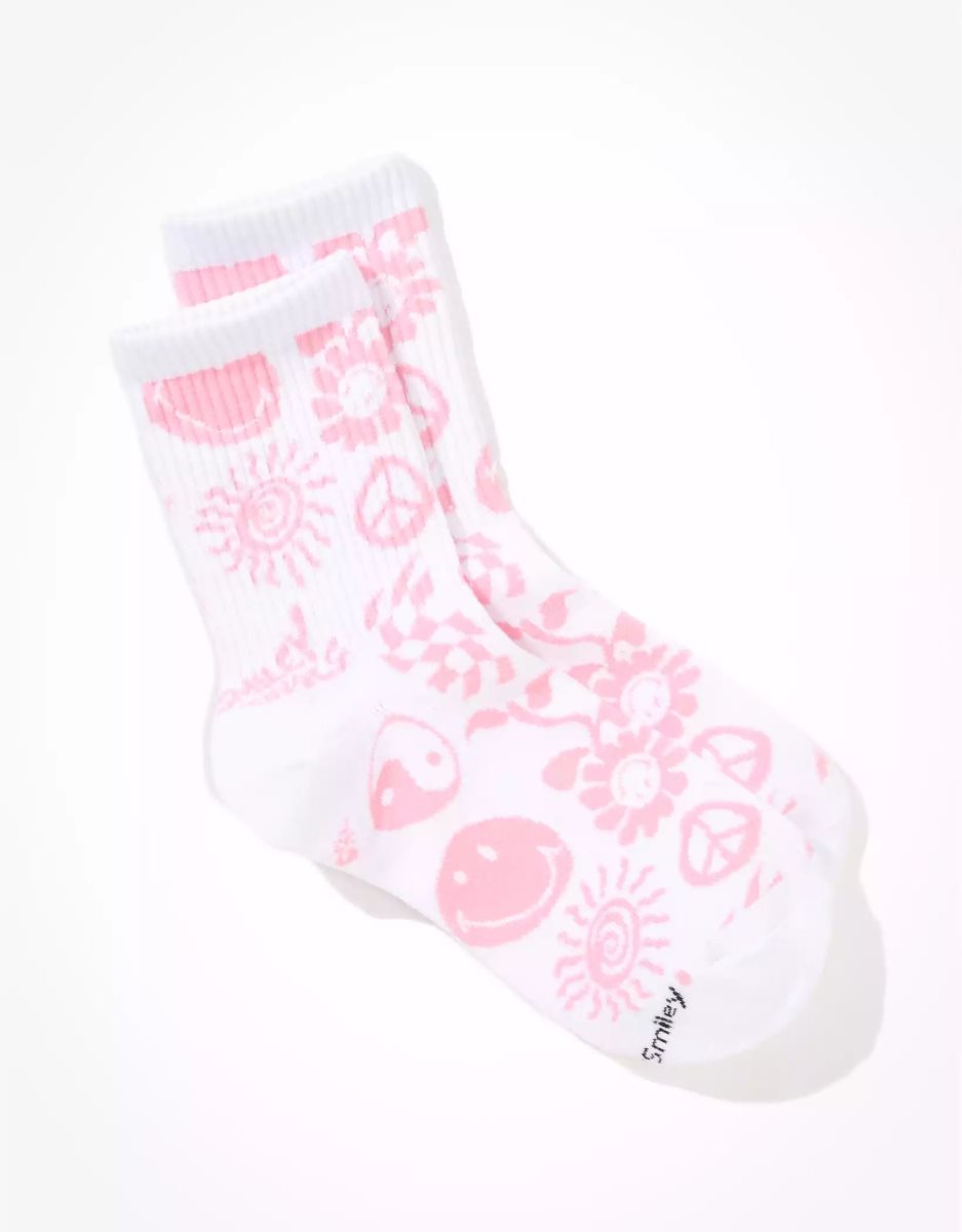 Chaussettes American Eagle AE Smiley Doodle '90s Crew Sock Blanche Femme | AFE-17651975